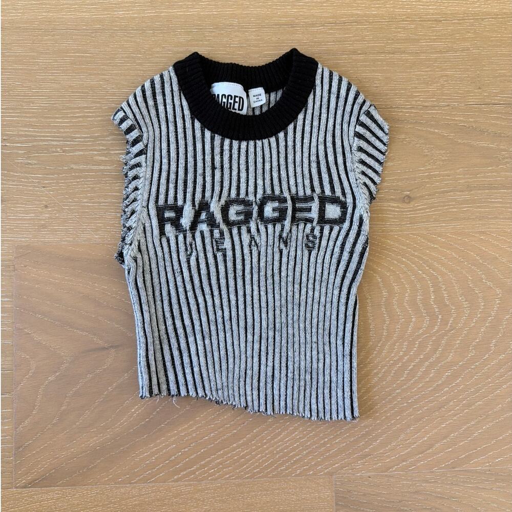 Ragged Jeans Knit Sweater Top Distressed Raw Hem and Sleeves Size S Black White